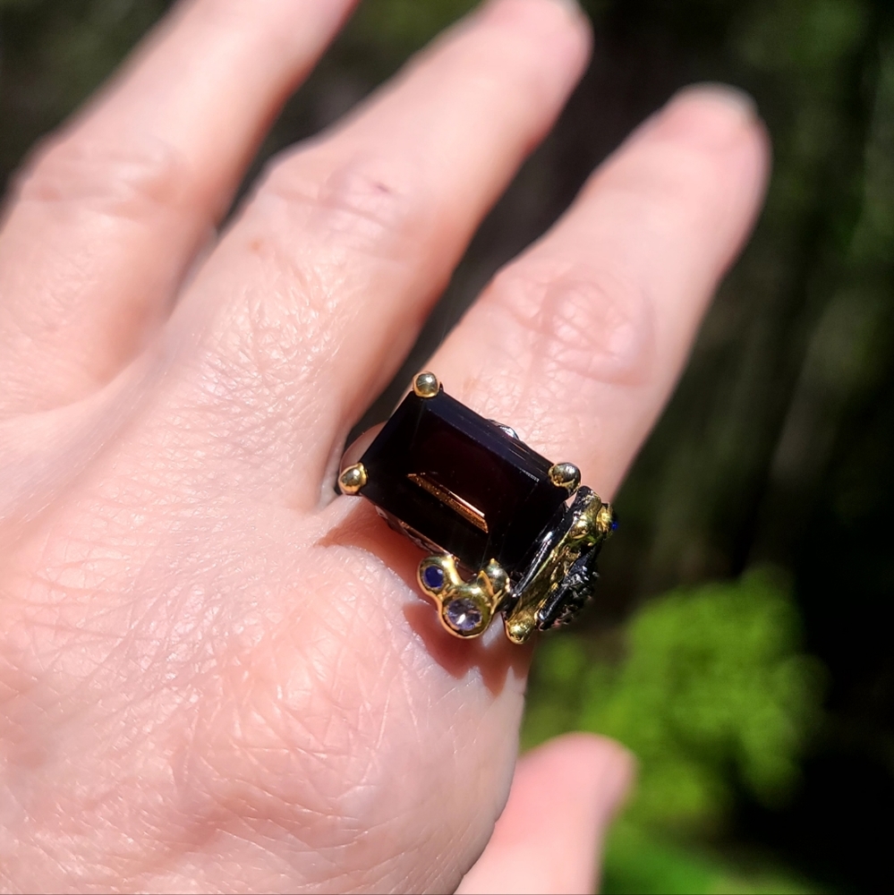 Emerald cut Smokey Quartz sapphire & aquamarine ring sz9